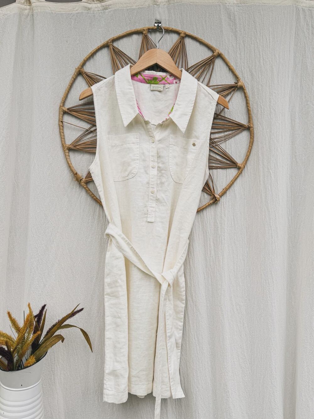 Spartina 449 White Cream Sleeveless 100% Linen Shirt Dress Tie Pockets Sz L